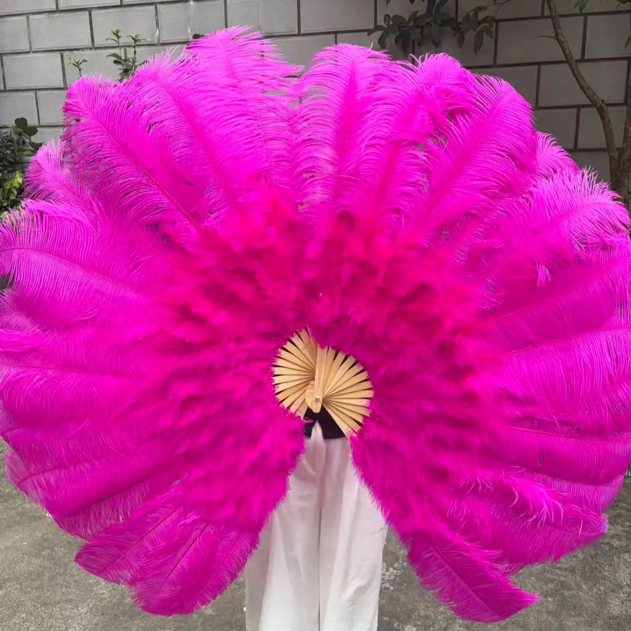 

100/130cm Rose Red Natural Ostrich Feather Fan 13 Bones Handheld Dance Folding Fan for Stage Performance Party Show