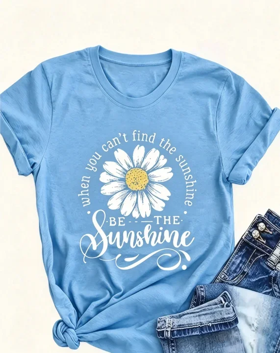 2026 New Women Pure Cotton Short Sleeve T Shirt Soft Loose Fit Daisy Print With Be The Sunshine Quote Lightweight Fall Casual Outfit Basic Top T Shirt