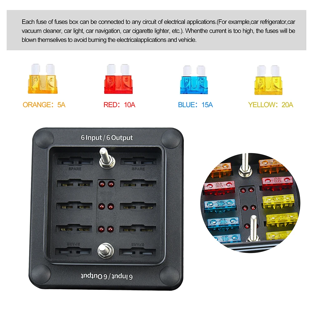 

6 Way Fuse Box Waterproof Marine Fused Distribution Block ganizer 12V Automotive PA66 Material Flame Retardant Car Accessories