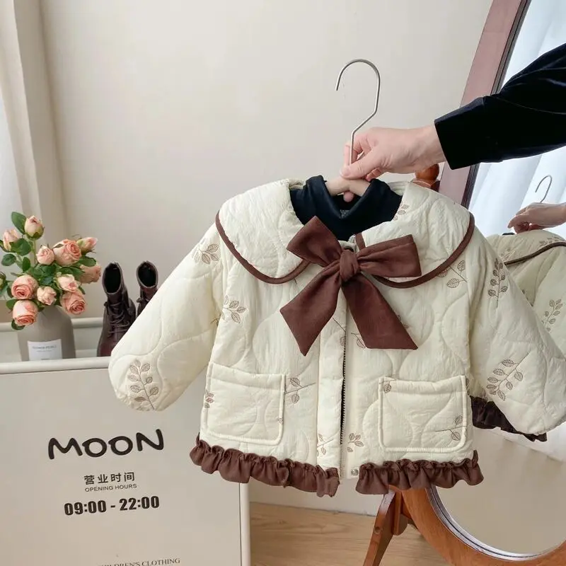 Winter Mädchen Mantel Kinder Baby Parkas Baumwolle Gepolstert Plus Samt Verdickt Warme kinder Mantel Solide Mädchen Stickerei Jacke