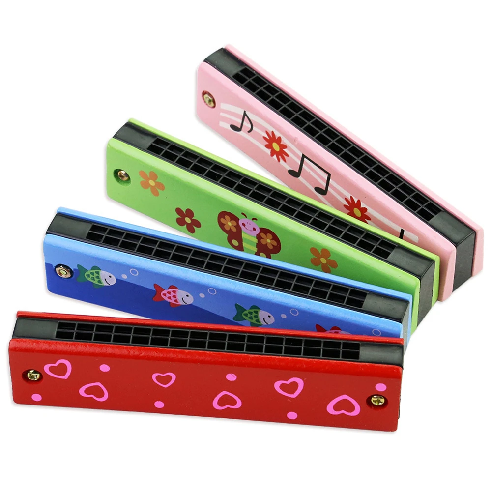 Wooden Harmonica Random Color 16 Holes 1pcs Kids Mouth Organ Musical Cartoon Cute Pattern Double Row Instrument