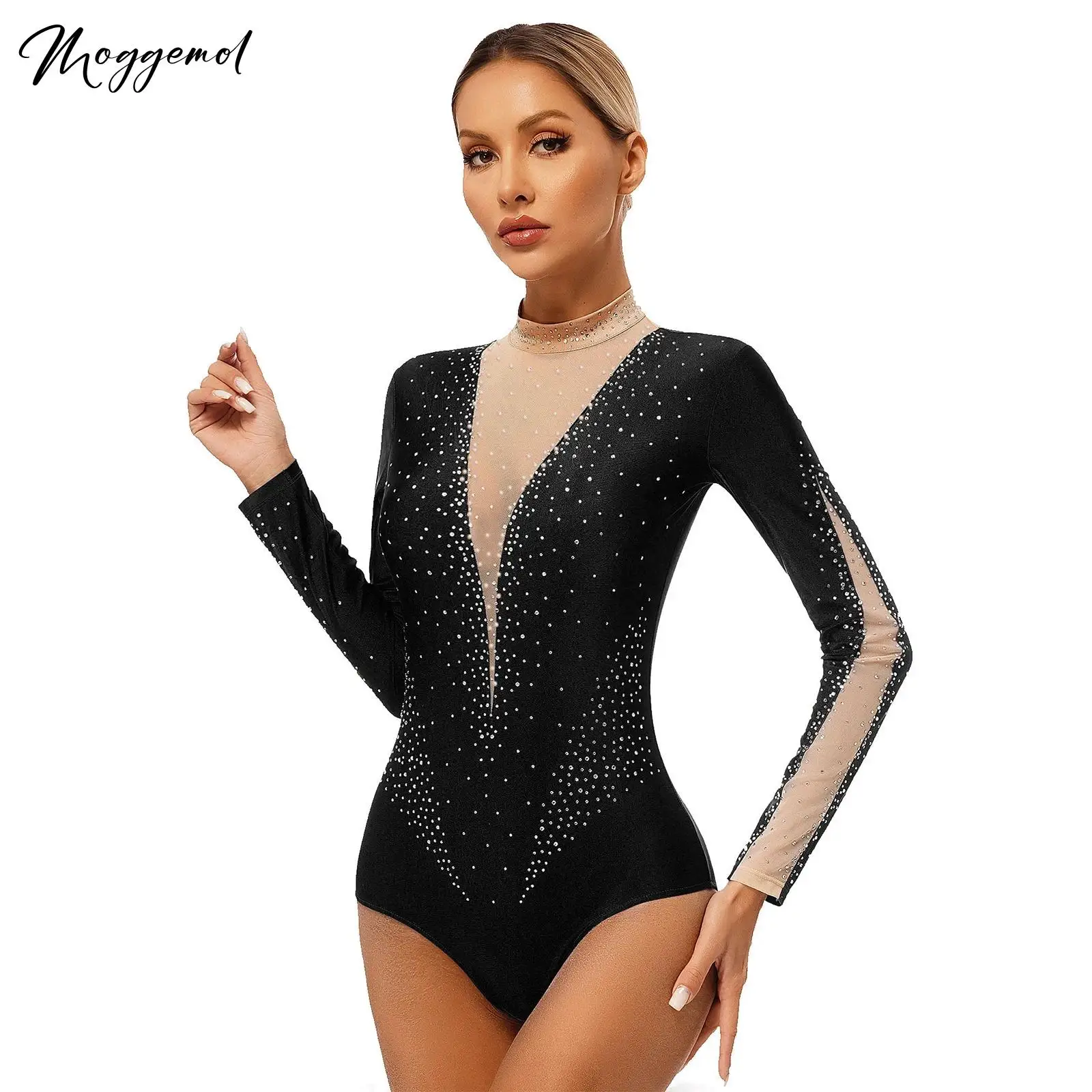 

Womens Long Sleeve Gymnastics Jumpsuits Shiny Rhinestone Mesh Patchwork Ballet Dance Leotard Acrobatics Figure Skating Jumpsuit