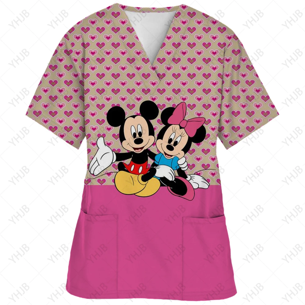 

Mickey T-shirts Nurse Uniform Tops Disney Pocket Shirt V Neck Top Women 2023 Hospital T-shirt Summer Woman Clothes Minnie Mouse