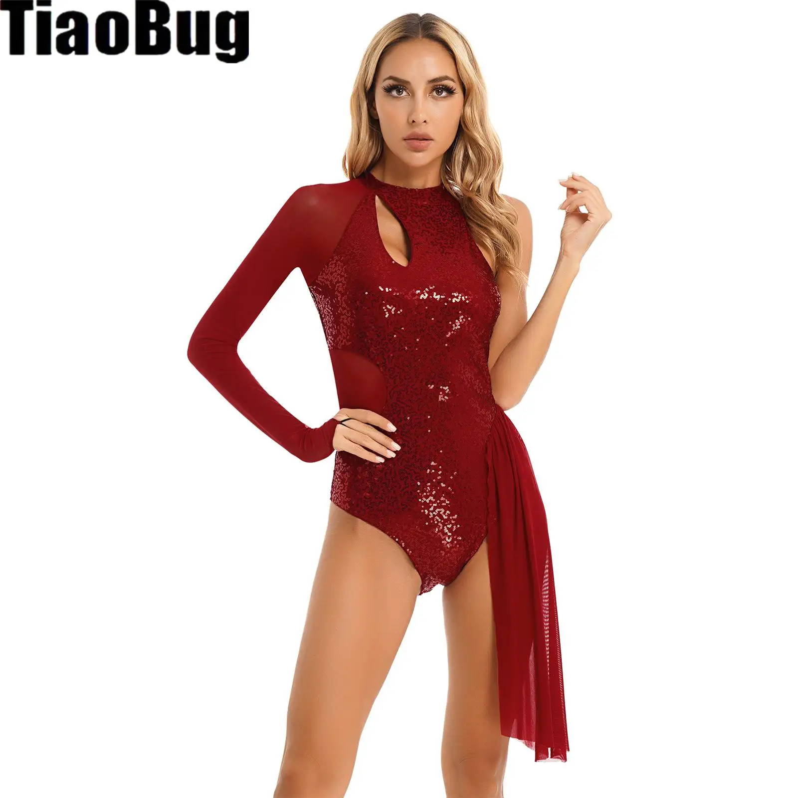 

Women Glitter Sequins Dance Leotard Figure Skating Dress One Shoulder Sheer Mesh Long Sleeve Halter Dance Dresses