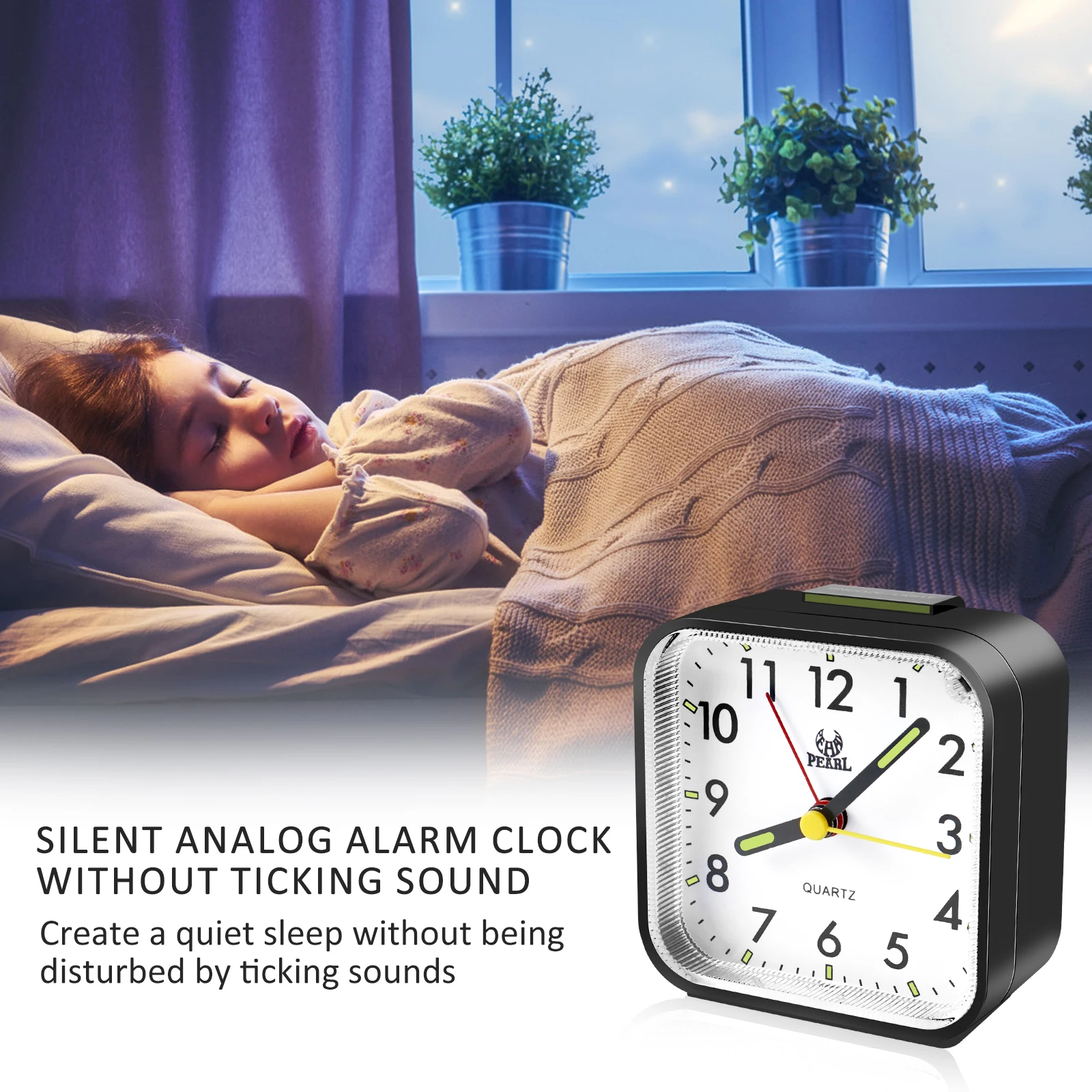 Simulated alarm clock with no ticking sound battery powered desktop clock with night light silent bedside clock