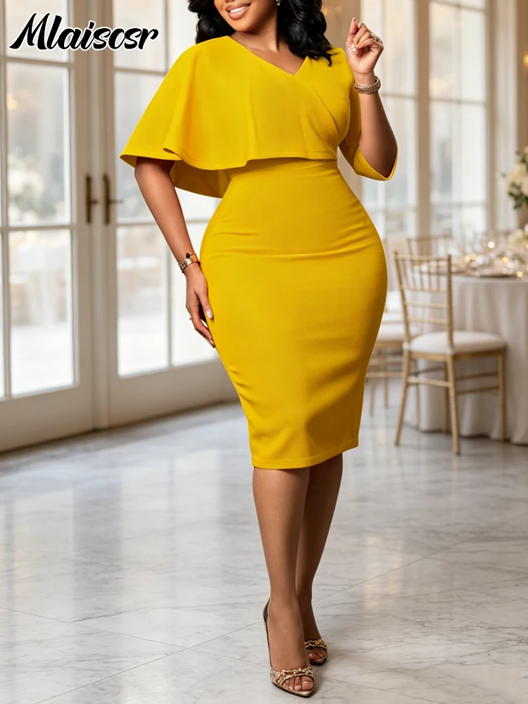 Mlaiscsr Women's Elegant Cape Sheath Dress Yellow V-Neck Knee-Length Bodycon Perfect for Cocktail Parties Weddings and Evening