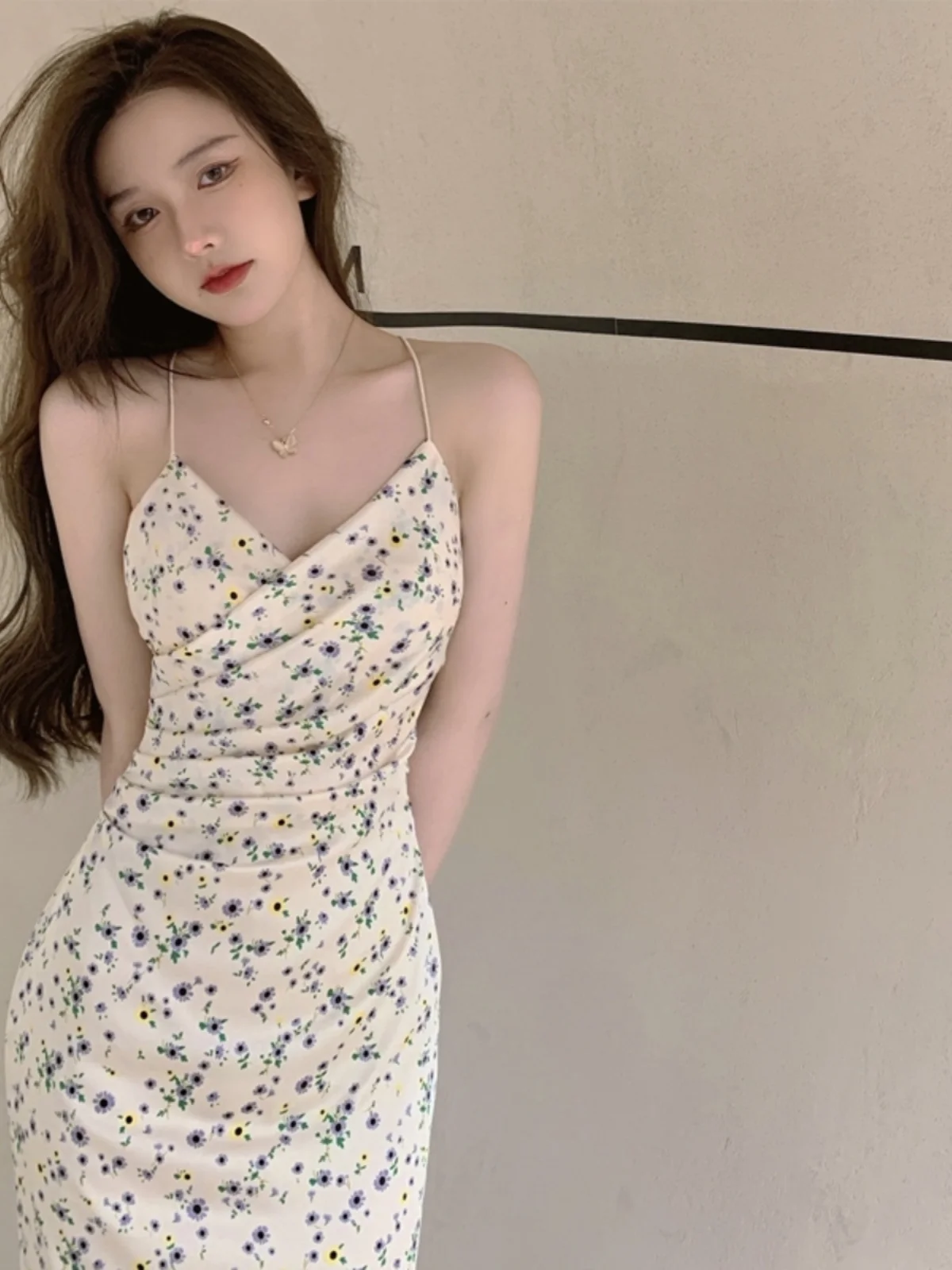 

Sexy Beach Vacation Long Dress Women's Summer Ins Style Strapless Backless Floral Print Gown Waist-Cinching Wrap around Skirt