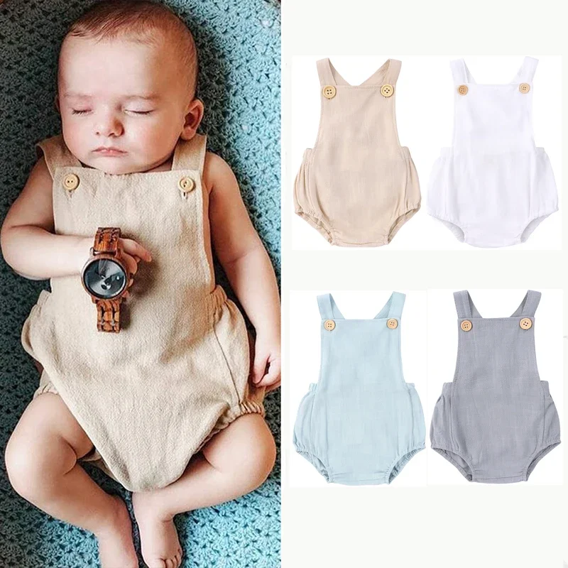 Toddler Baby Girls Sleeveless Romper Solid Halter Jumpsuit Cotton Linen Playsuits Bodysuit Overalls Summer Clothes Outfits 3-24M