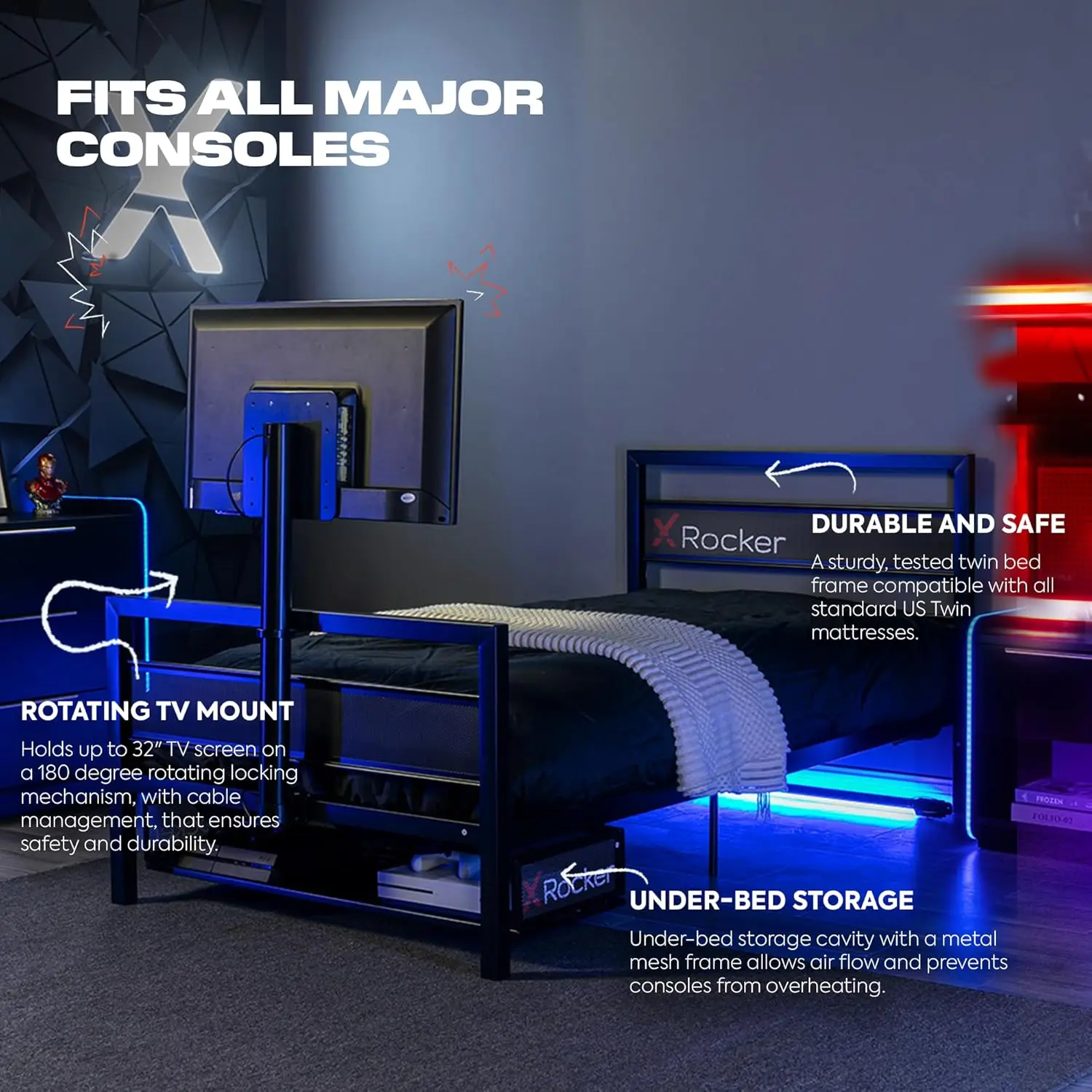 Twin Size Gaming Bed, Rotating TV Mount with Vented Console Storage, Metal Mesh Frame with Slats, Black