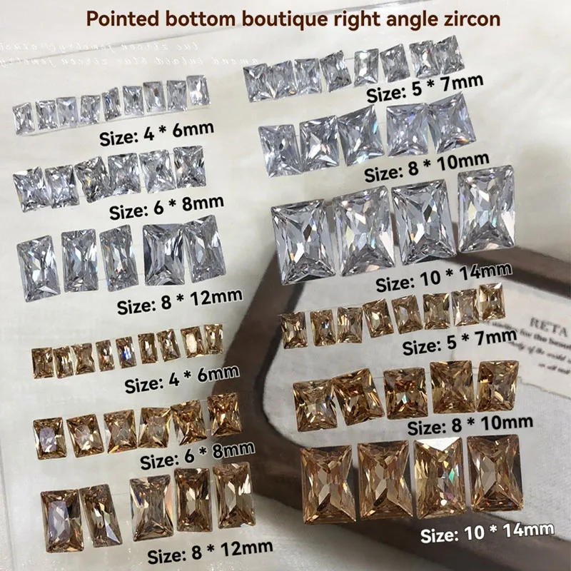 10pcs Nail Art Rectangle Zircon Stones,Pointed Bottom Right Angle Rhinestones,Multiple Sizes Crystals for Design DIY Supplies