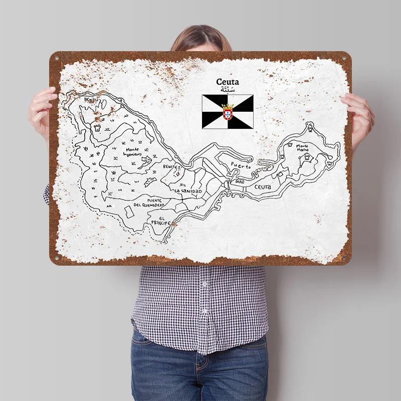 Handdrawn Map of Ceuta. Poster Customized Wall Art Vintage Metal Signs Retro Tin Plaque for Man Cave Garage Decorations Decor