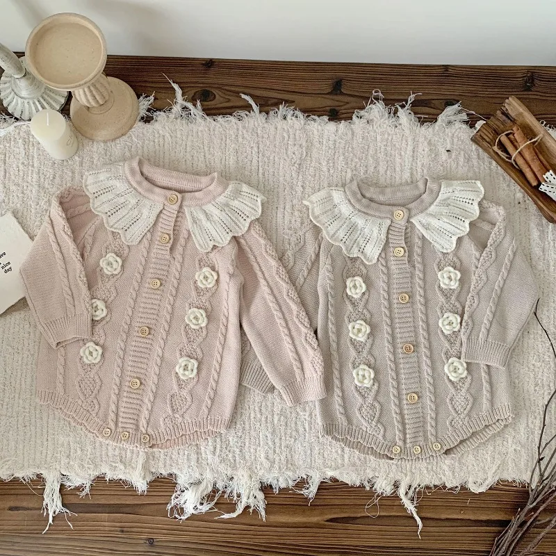 Baby Girl Knitted Romper with Ruffled Collar Spring Thin Long Sleeve Flower Triangle Bodysuit Newborn Toddler Clothing for Girls