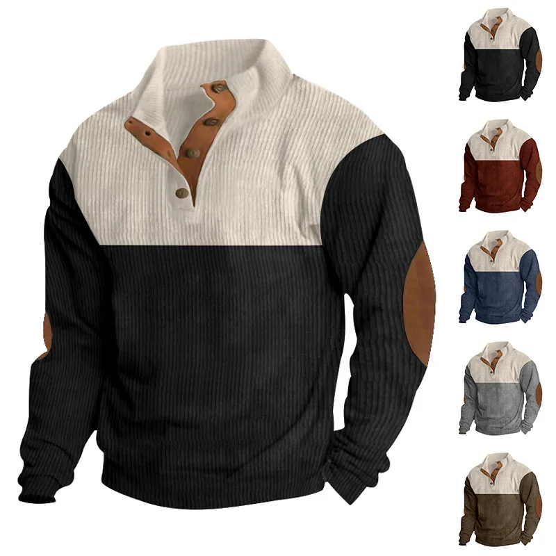 Frühling und Herbst Europäisches Herren-Outdoor-Casual-Sport-Sweatshirt mit Knopfleiste und Stehkragen aus lockerem Cord mit Farbblockmuster – Detail 2