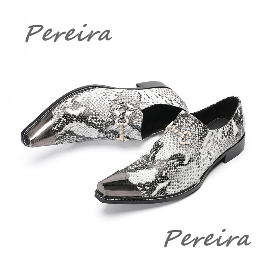 

Trend Iron Toe Metal Buckle Business Dress Shoes Snake Patterned Genuine Leather Men's Loafers Summer New Party Banquet Shoes