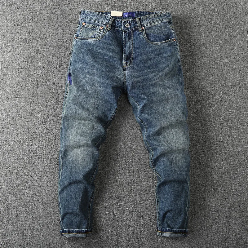 Retro Sand Wash Cotton Jeans Men's Trendy Elastic Comfortable Loose Straight Leg Long Jeans Casual Straight Footwear