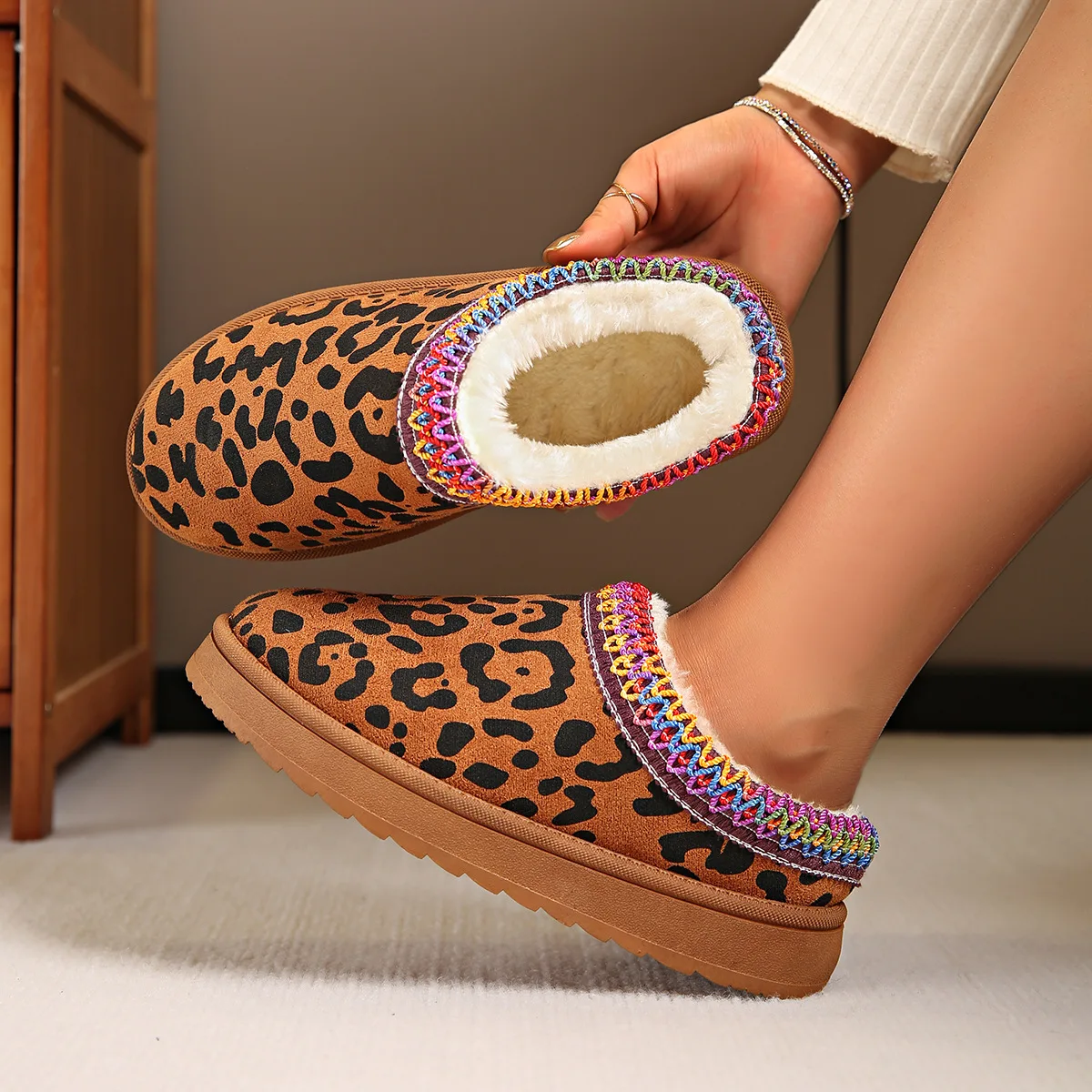 Leopard Print Snow Boots Wear Thick Soles 2024 Autumn and Winter New Half Head Plus Cashmere Women's Cotton Shoes