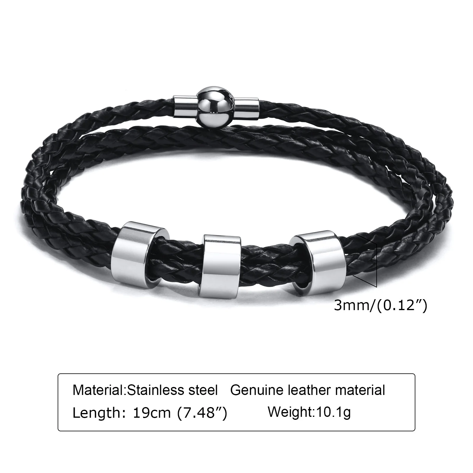 Vnox Free Custom Name Mens Braided Genuine Leather Bracelet Gifts Jewelry,Stainless Steel Beads Charm with Family Names,Dad Gift