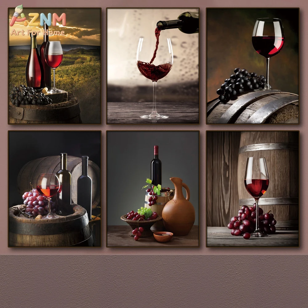 AZNM Vintage Red Wine Grape Barrel Canvas Wall Art Rustic Kitchen Dining Room Still Life Gourmet Aesthetic Unframed Home Decor P