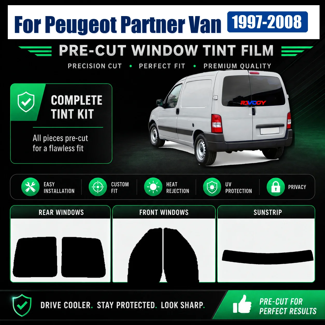 For Peugeot Partner Van 1997-2008 DIY Front Rear Side Window Sun Shade Film Anti-Glare Privacy Film
