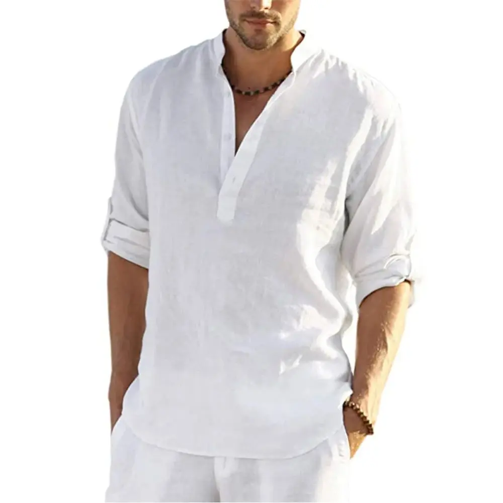 New 2024 Men's Casual Blouse Cotton Linen Shirt Loose Fit Autumn  Collar Fleece Lined Thickened Nine Sleeve Length
