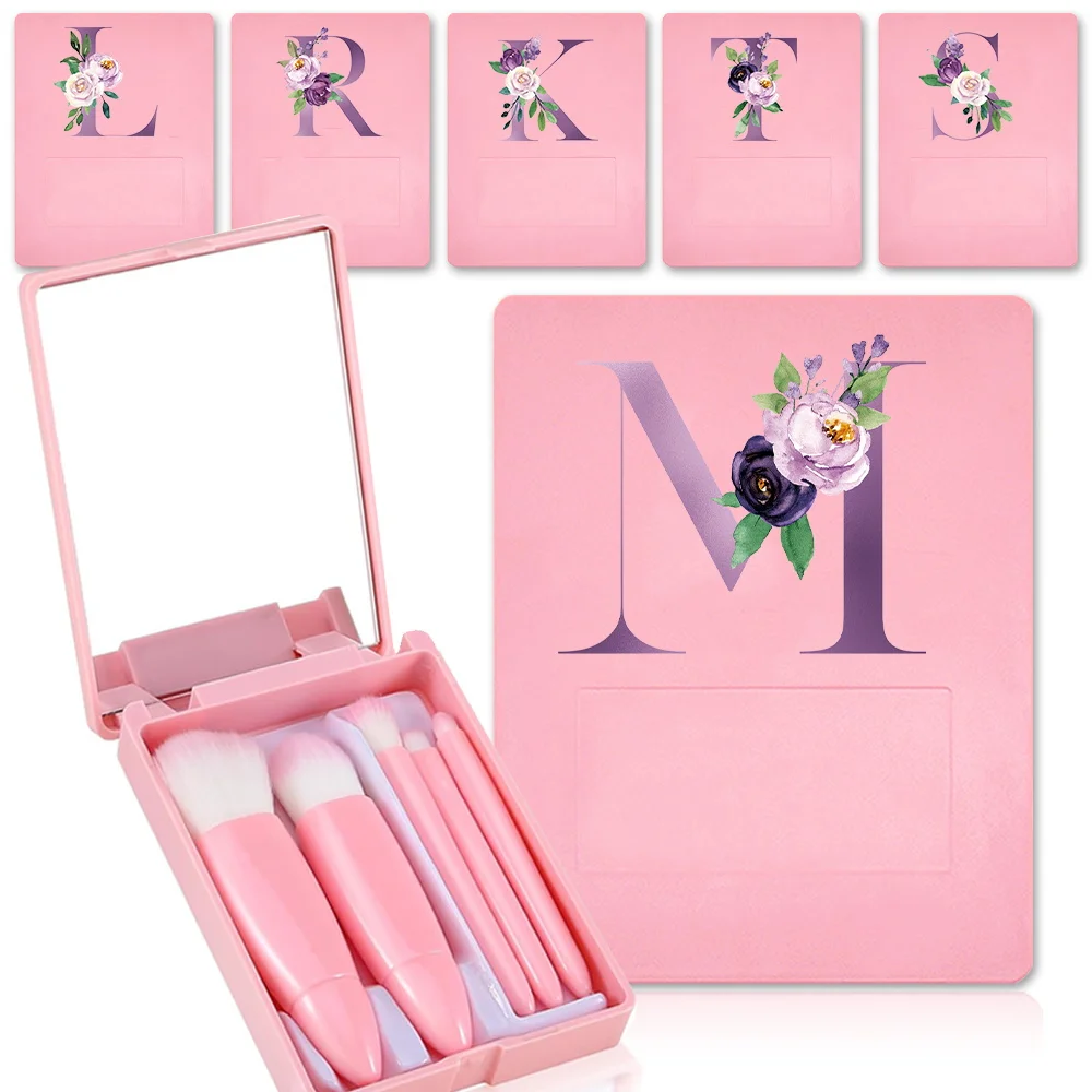 5Pcs Makeup Brush Kit With Mirror Durable Cosmetic Brush Case Portable Beauty Tools Brush Storage Box Purple Letter Pattern