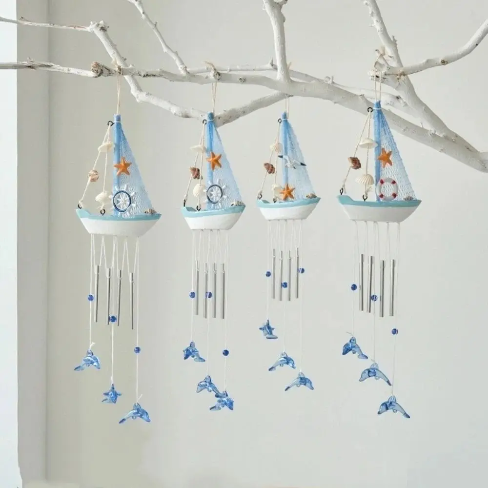 Dolphin Pendant Nautical Sailboat Wind Chime Shell Star Mediterranean Style Wooden Sailboat Models Tassel Decoration