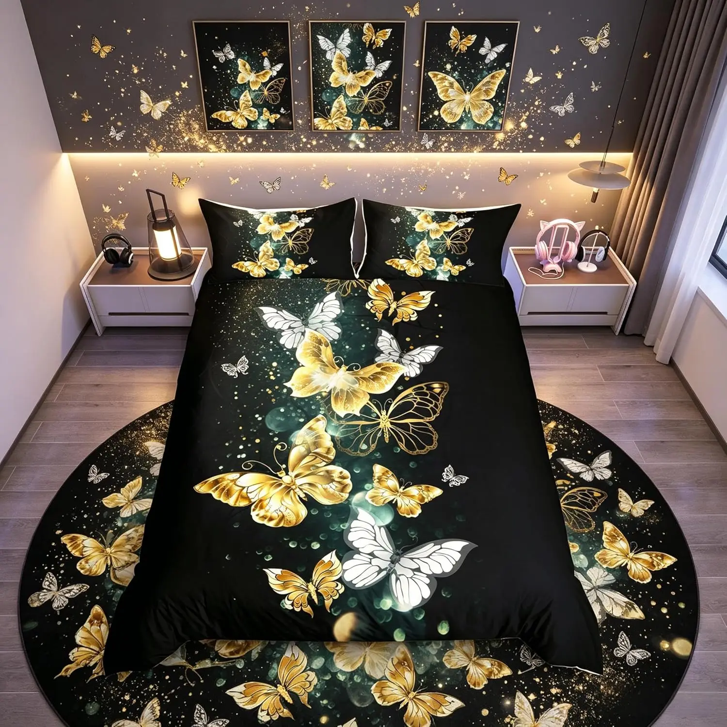 Luxury Gold And White Butterfly Duvet Cover Set King Size Flying Animal Pattern Bedding Set With 2 Pillowcases Black