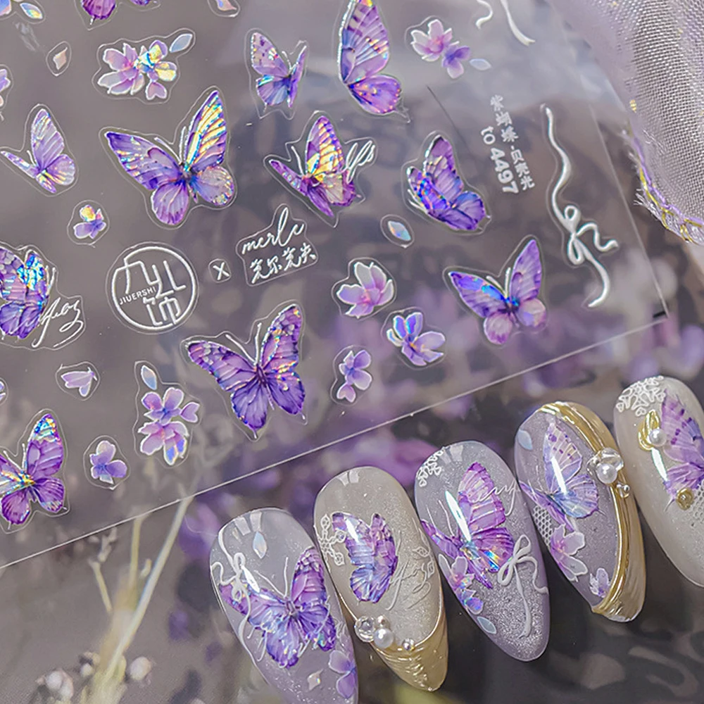 Funkelnder lila Schmetterlings-Blumenblatt-Nagelkunst-Aufkleber, bezaubernde Tiere, Insekten, Flügel, selbstklebende Dekoration, Maniküre-Aufkleber