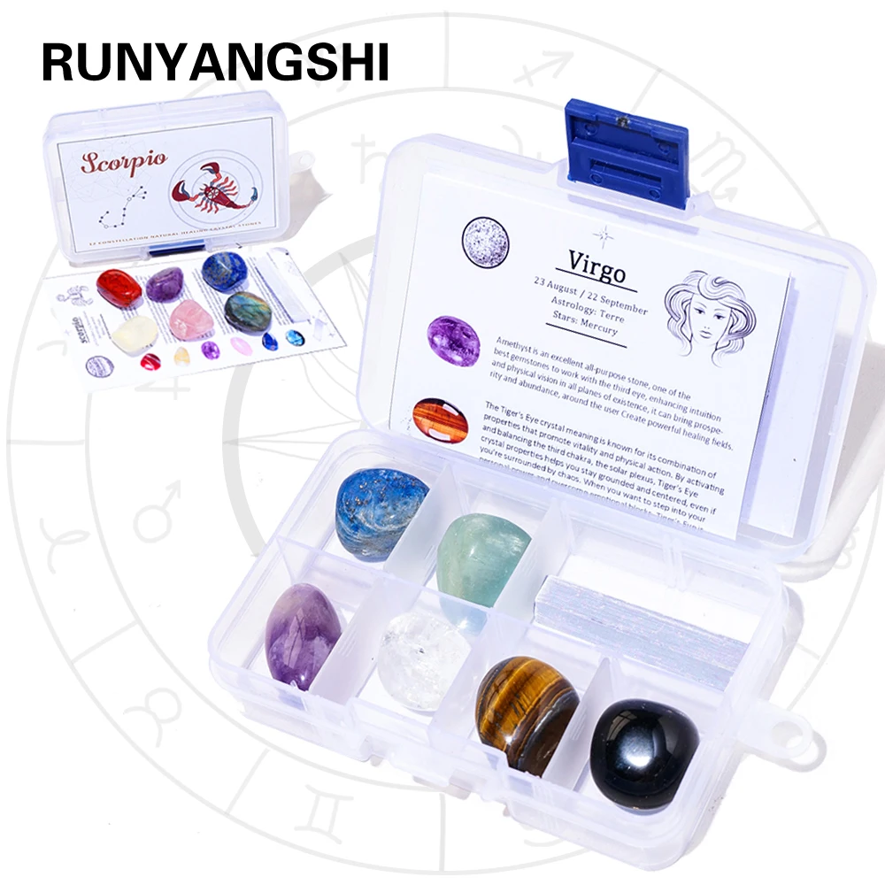 12 Constellation Llucky Gift Box Natural Crystal Rolling Stone Energy Selenite Stick Health Quartz Amulet Decorate