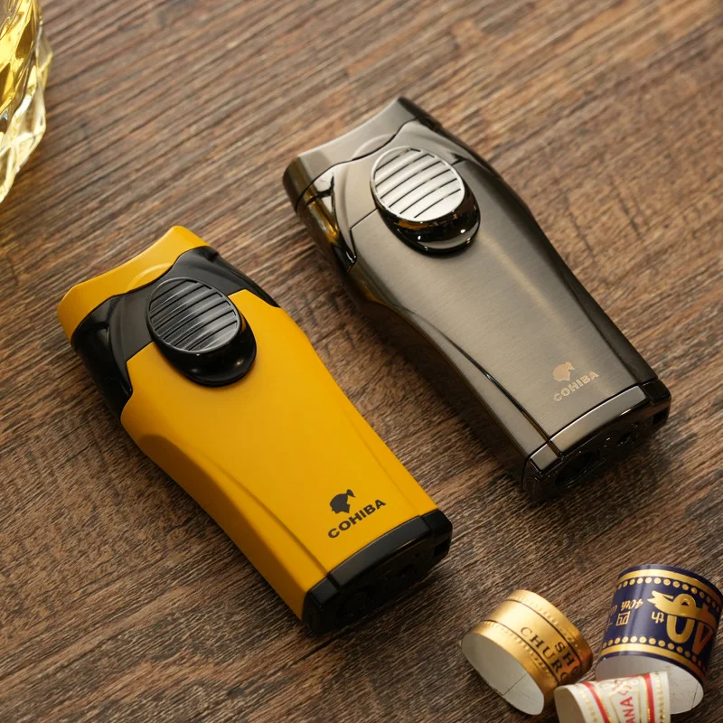 Metal Outdoor Windproof Butane Gas Lighter Blue Flame 2 Torch Turbo Jet Cigar Welding Torch Butt Cigar Drill Men Gift