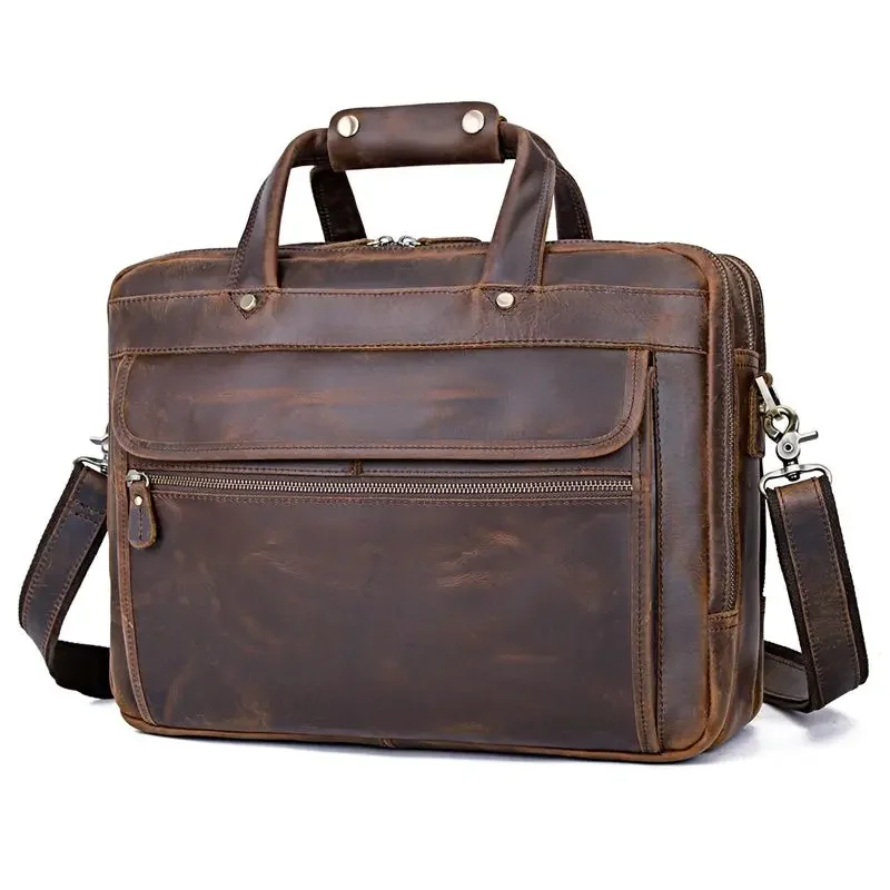 Vintage A4 bruin echt Crazy Horse lederen Executive herenaktentas met YKK rits Messenger Bags 15,6'' laptop portfolio