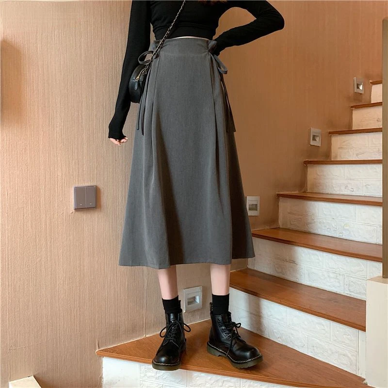 Spring Autumn Midi Skirts for Women Korean Fashion Lace-up Design Cute High Waist Y2k College Street A-line Skirt Chic All-match