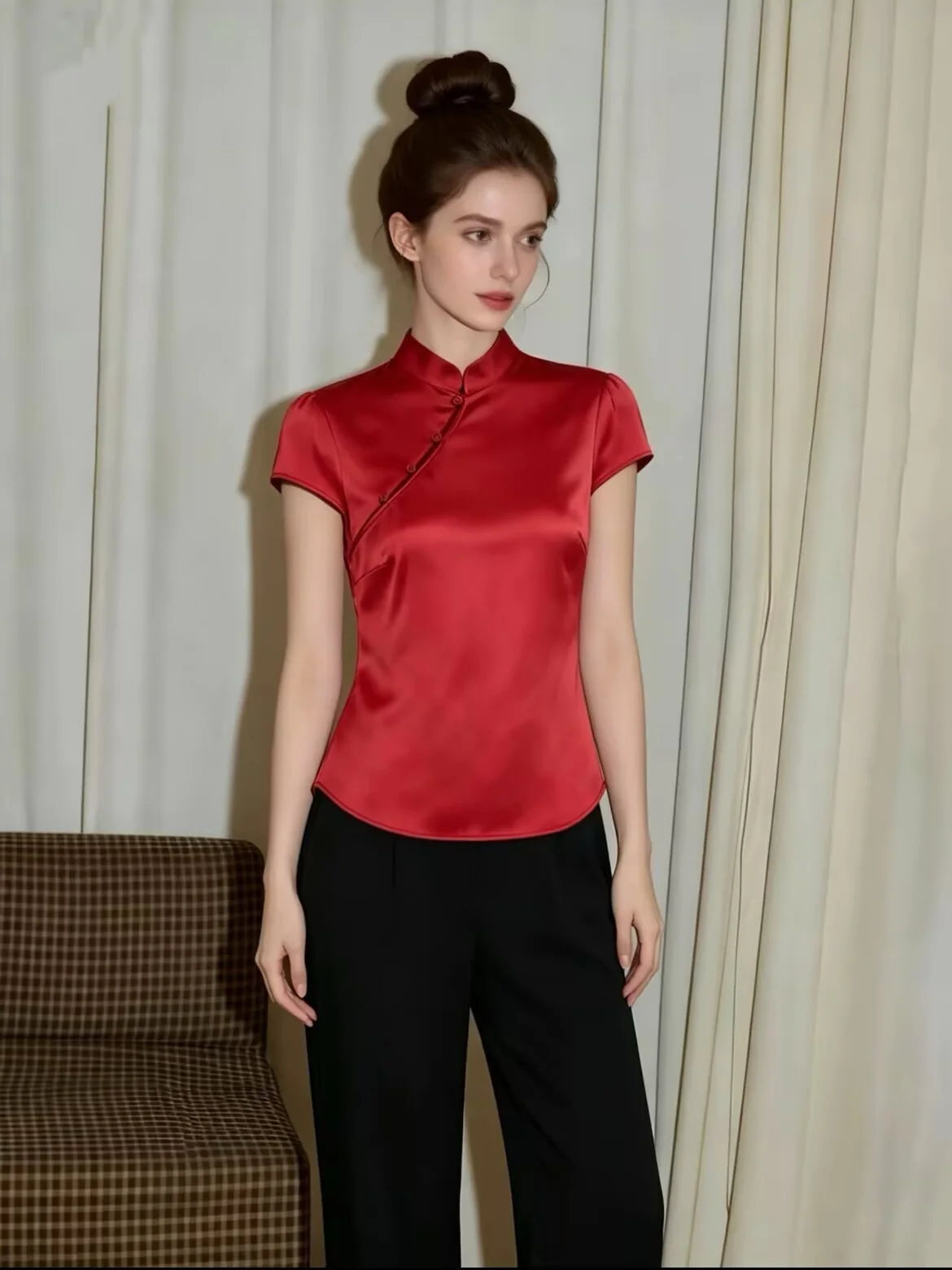 Women's Chinese Style Satin Tang Blouse, Traditional Chinese Qipao Blouse, Cheongsam Top, 2026 Summer Mandarin Collar Satin Top