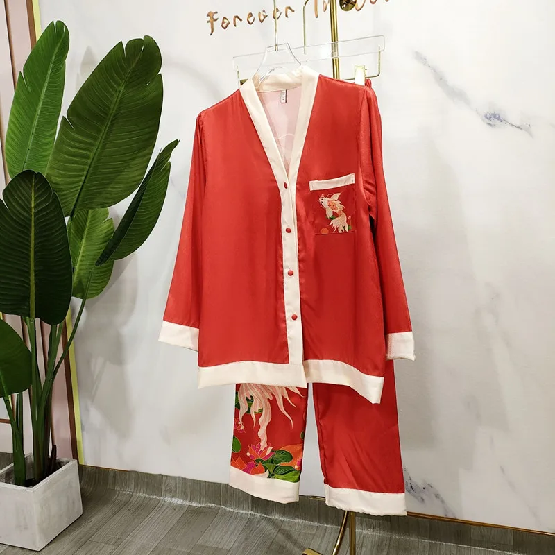 Red Koi Carp Home Clothes Wedding Bride Sleepwear 2Pcs Loungewear Long Sleeve Pyjamas Suit Animal Year Gift Casual Nightwear