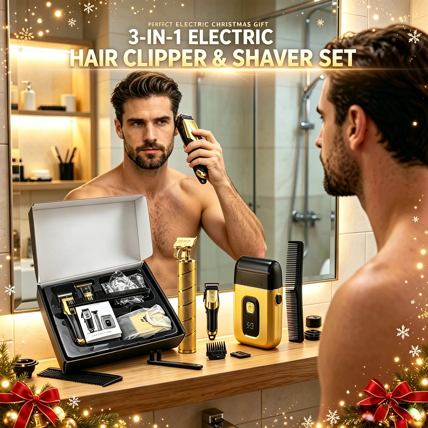 Electric Shaving Hair Salon Special Electric Push Scissors Christmas Gift USB Rechargeable Men's Hair Clippers 3-Piece Set Professional Oil Head & Detail Electric Trimmers, Ideal Grooming Kit for Home Use