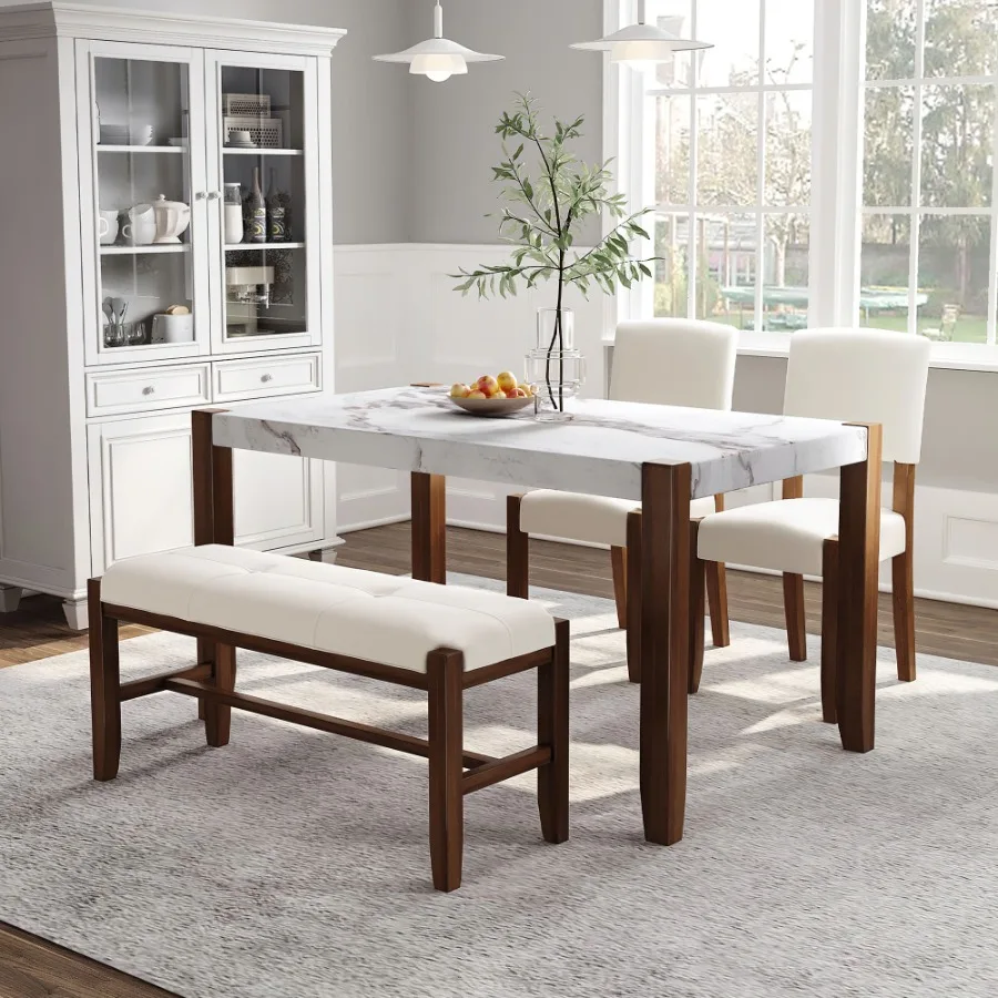

4Piece Modern Dining Furniture Set 4Person SpaceSaving Dinette for Kitchen 46 Faux Marble Style Table and 2 Upholstered Chairs