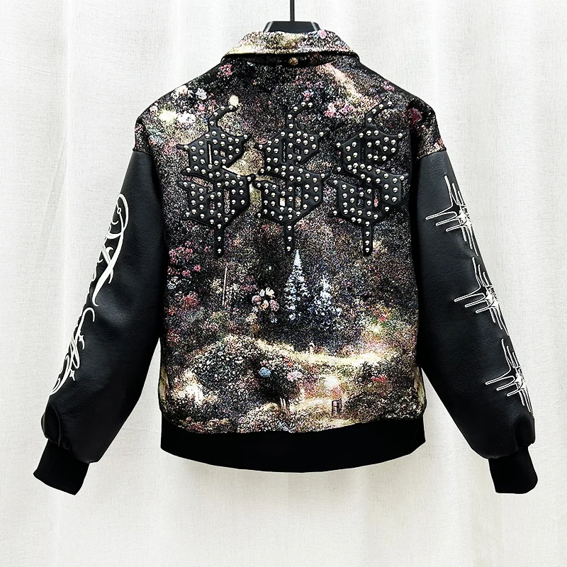 PFHQ Heavy Industry Jackets Embroidery Spliced PU Men's Fashion Letter Print Light Luxury Abstraction Art Autumn Coat 21Z2425