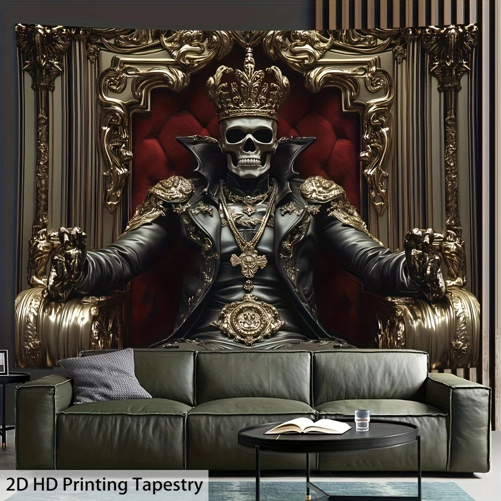 Royal Skeleton King Tapestry - Baroque Crowned Skull on Throne with Red Velvet & Gold Decor, Gothic Wall Art Living Room Decor