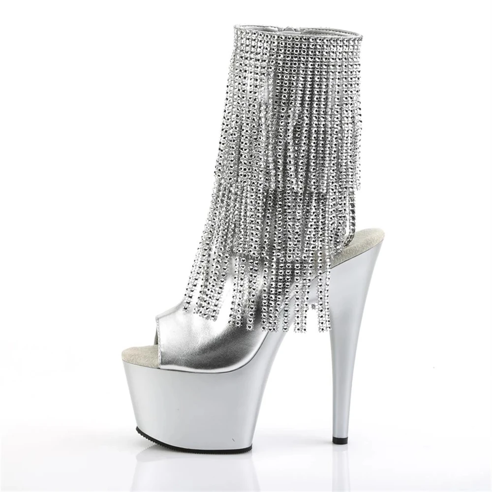 Brand Electroplated Tassels Pumps 17CM Thin High Heels Ankle Boots Pole Dance Nightclub Model Catwalk Platform Women's Shoes