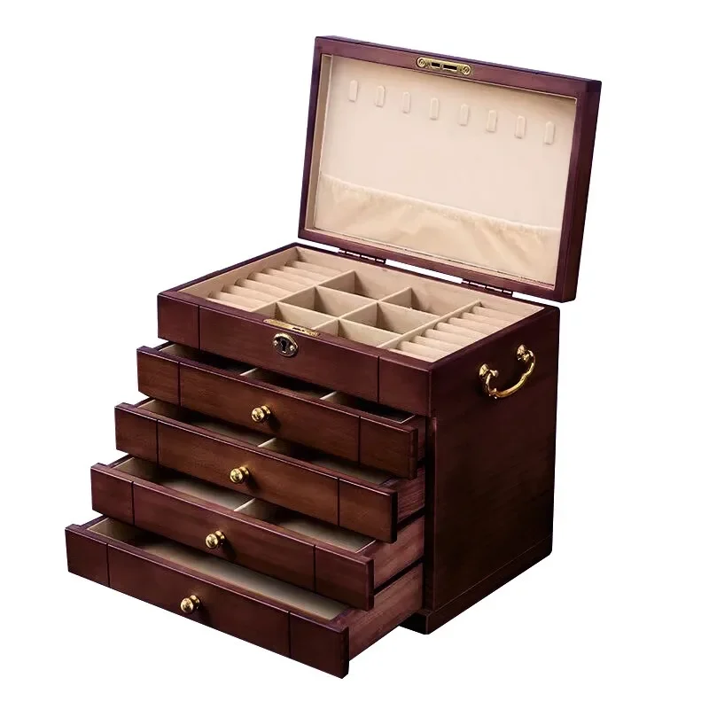 Caja de joyería Retro de madera, organizador de pendientes, soporte de exhibición para collares, soporte para anillos, cajas de almacenamiento con cerradura, caja de baratijas de madera maciza