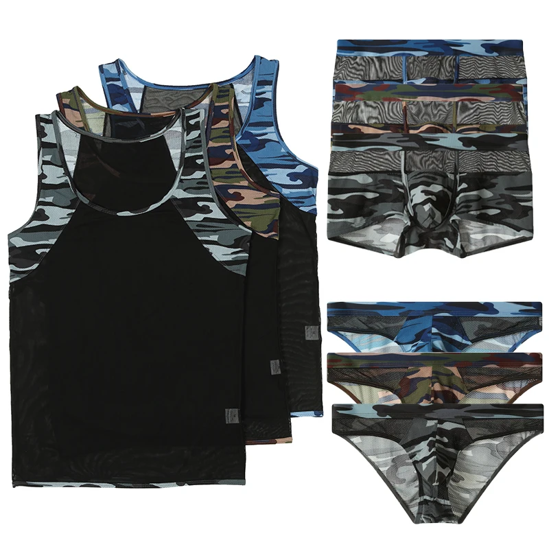 Mens Undershirts Boxer Shorts Briefs Mesh Camouflage Patchwork Breathabale Underwear Quick Drying Sleeveless T-shirts Panties