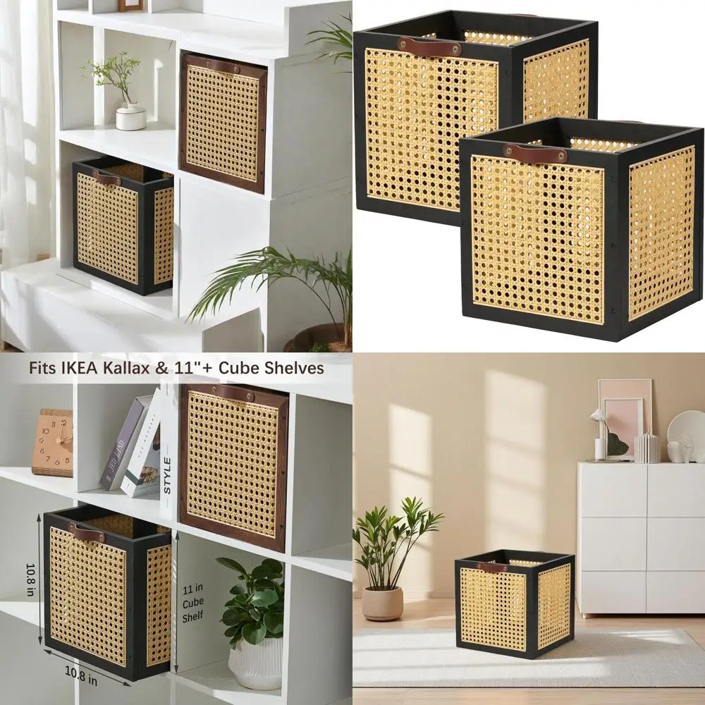 

Rattan Storage Cubes with Wooden Baskets, Natural Handmade Bohemian Style, Solid Wood Woven Wicker Organizer for Clothes, Books,