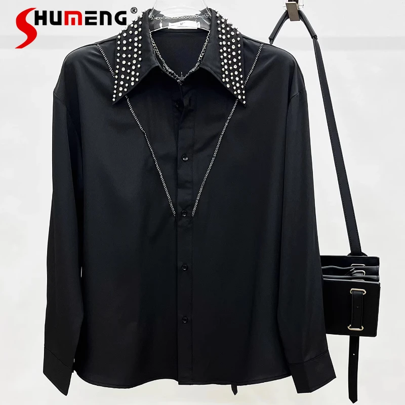 

Men's 2025 Autumn New Trendy Loose Stylish Shirts Fashion Beaded Rhinestone Chic Shirts Male Handsome Solid Color Sparkling Tops