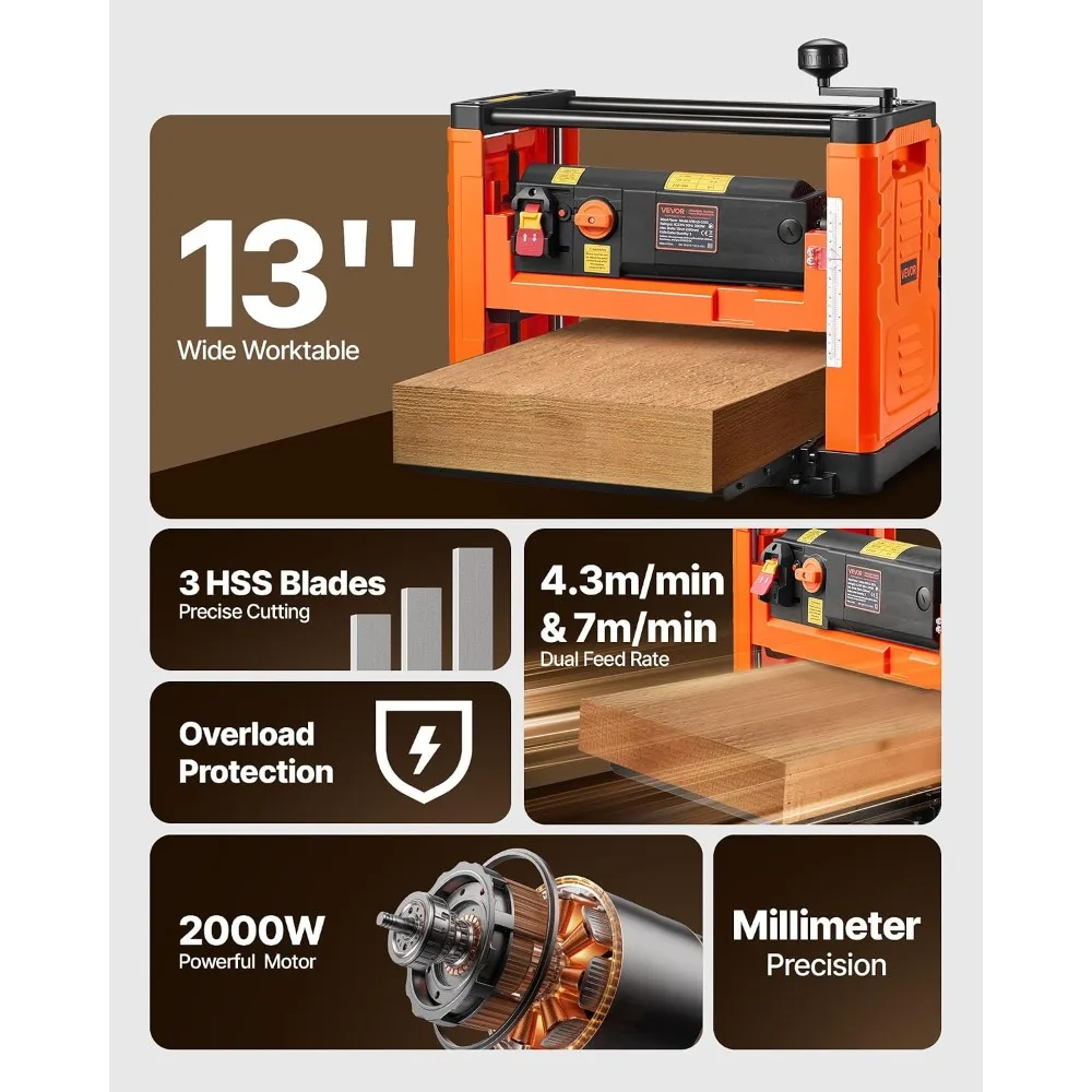 Thickness Planer, Two Speed, 13-Inch Width Worktable Power Benchtop Planer, Three-Blade, 2000W 23500 RPM Powerful Motor, D