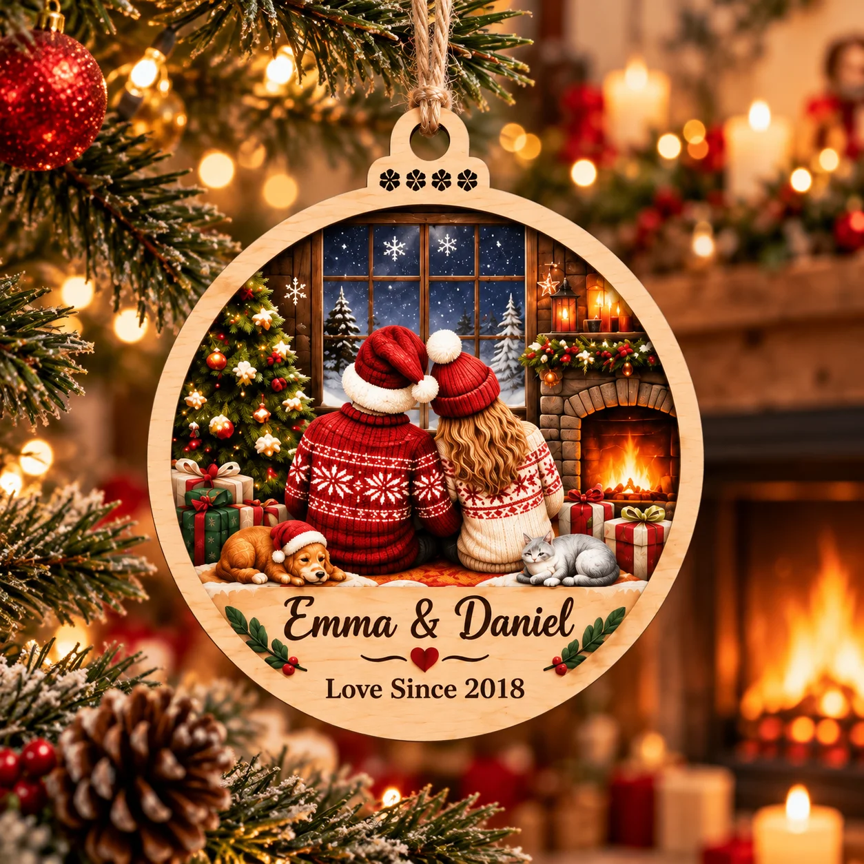 Custom Name Christmas Ornament Personalized Photo Wooden Hanging Decoration Double Layer Wood Christmas Tree Decor Holiday Gift