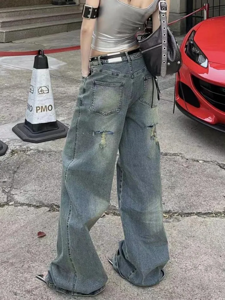 

Faionable Straight Leg Denim Jeans Women's New 2024 Loose Wide Leg Pants Spring Autumn Vintage Blue Small Size