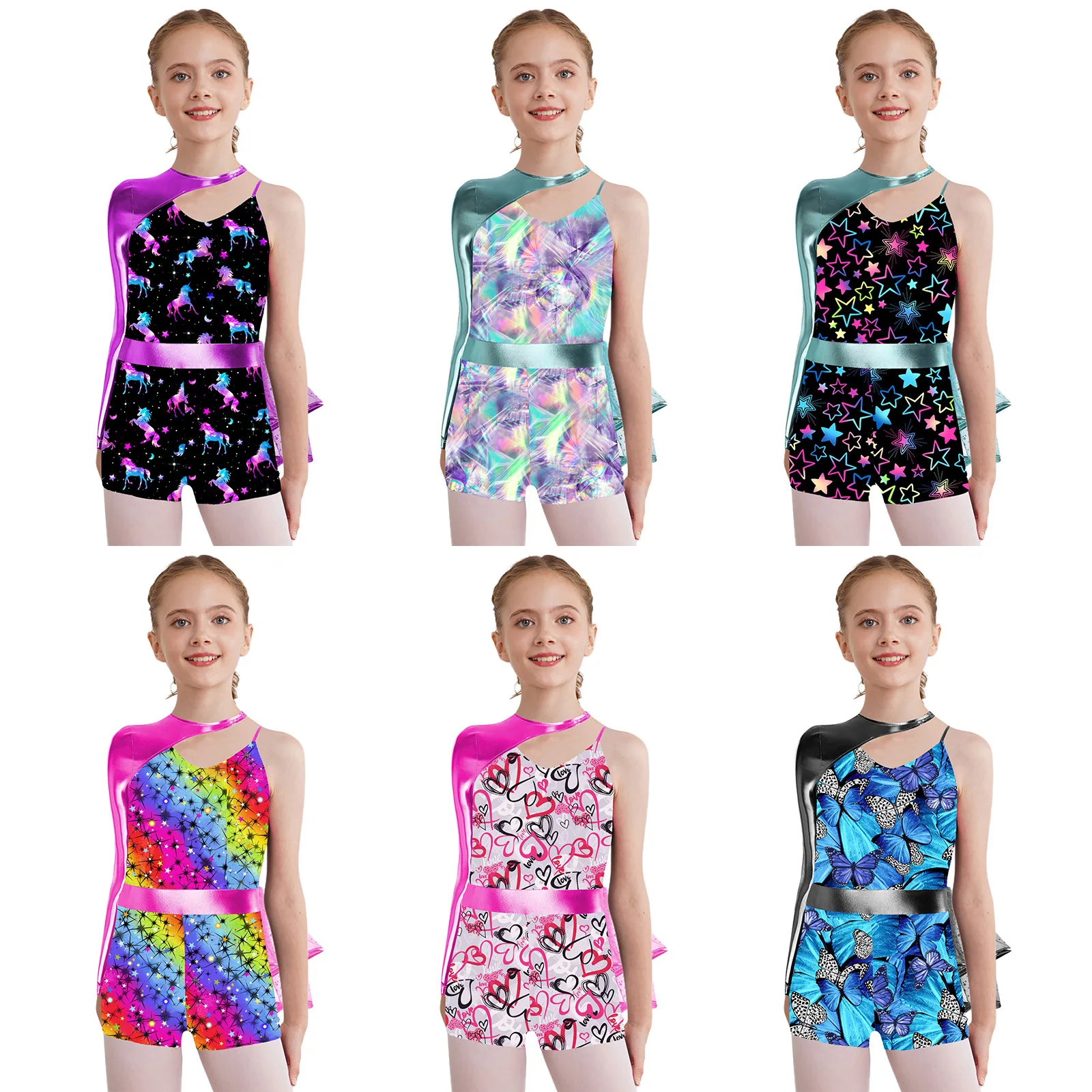 Niños Niñas Ballet danza leotardo brillante un hombro estampado lentejuelas malla tutú mono patinaje artístico gimnasia acrobacias mono