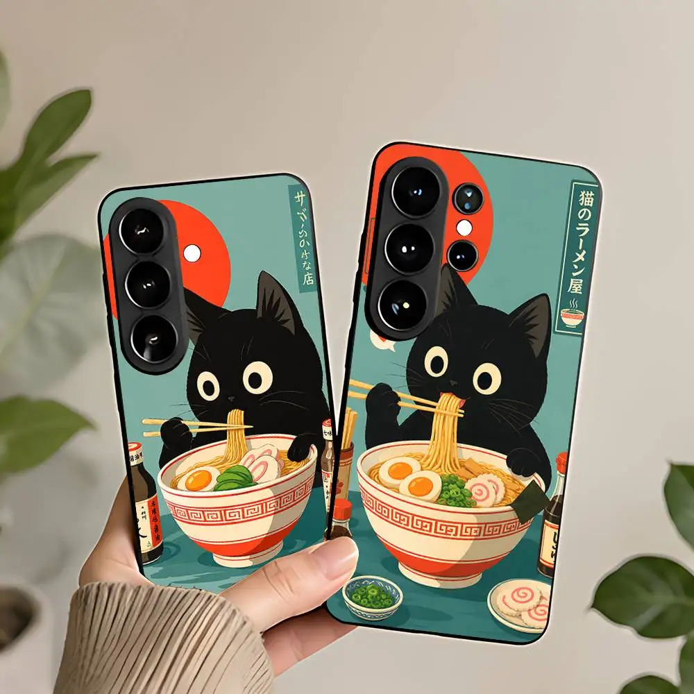 Black Cat Ramen Acrylic Silicone Phone Case For Samsung Galaxy S21 S22 S23 S24ULTRA S25ULTRA FE Ultra Plus5G A52S S26 Cover
