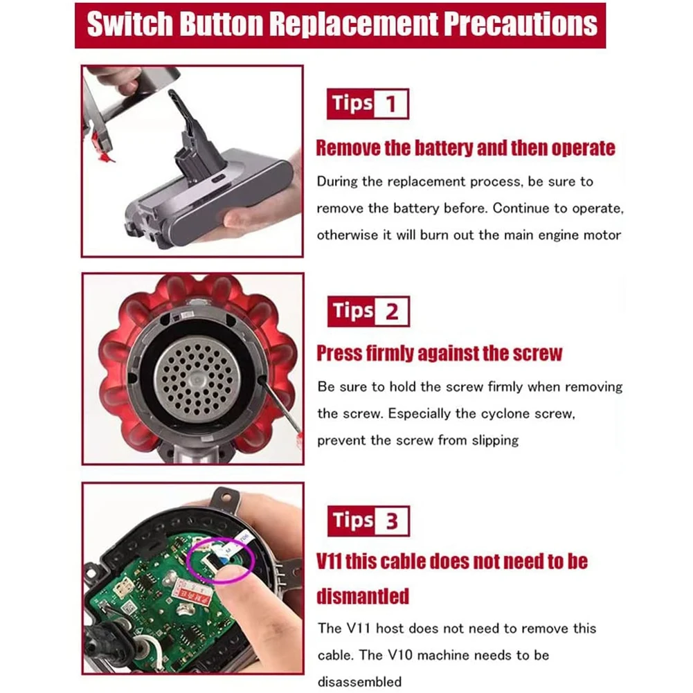 N89R 5 unidades botão interruptor de alimentação de gatilho extra forte para fornecimento de ferramentas de limpeza Dyson V11 V10