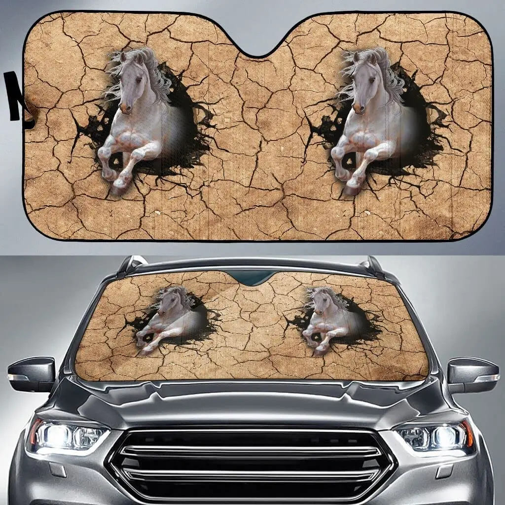 Horses Animal Cowboy Cowgirl White Horse Pattern Print Car Sunshade, Horses Running Break The Drought Wall Auto Sun Shade, Winds